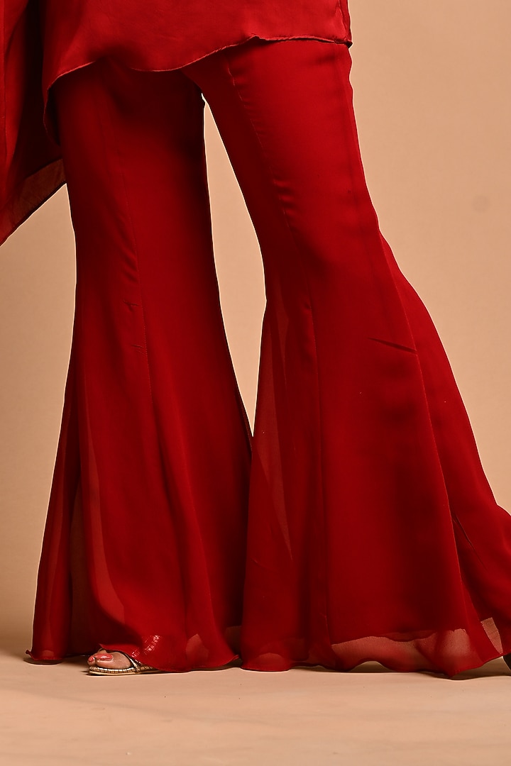 Deep Red Georgette Pant Set With Belt by KANIKA MITTAL at Pernia's Pop Up Shop