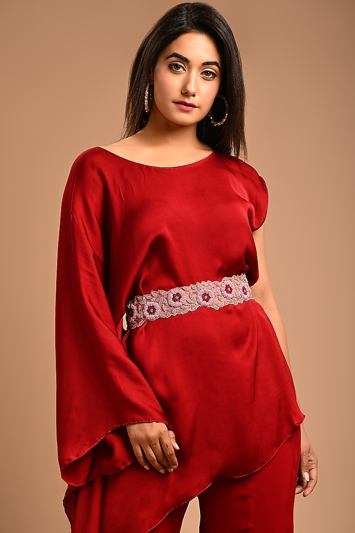 Deep Red Georgette Pant Set With Belt by KANIKA MITTAL at Pernia's Pop Up Shop
