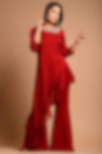 Deep Red Georgette Pant Set by KANIKA MITTAL