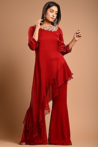 Deep Red Georgette Pant Set by KANIKA MITTAL