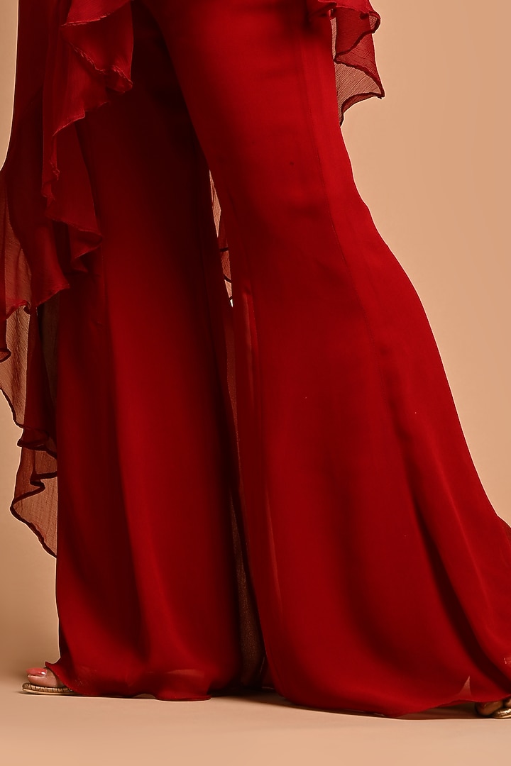 Deep Red Georgette Pant Set by KANIKA MITTAL at Pernia's Pop Up Shop