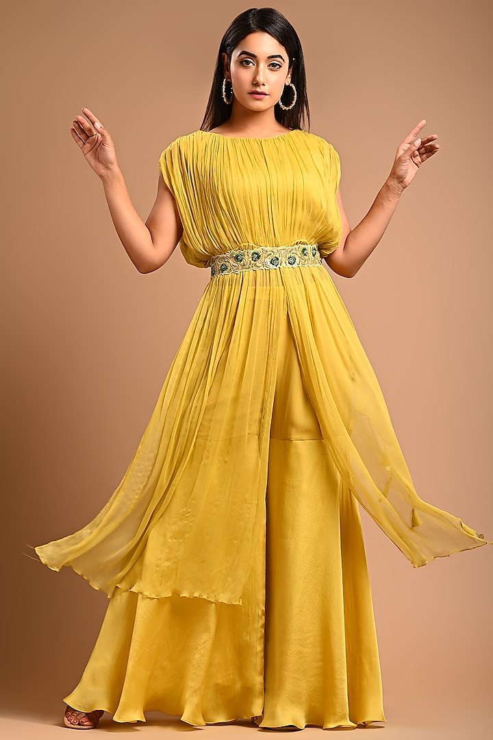 Yellow Satin Organza Circular Pant Set by KANIKA MITTAL