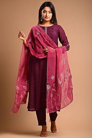 Wine Cotton Silk Kurta Set by KANIKA MITTAL