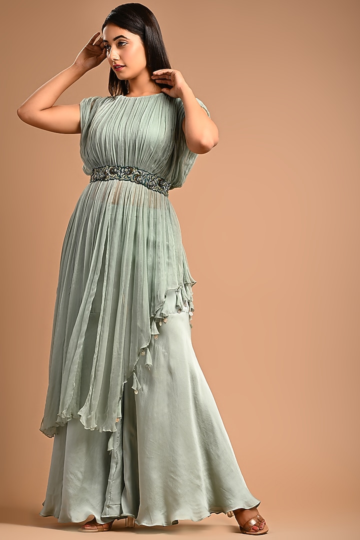 Sage Green Satin Organza Pant Set by KANIKA MITTAL at Pernia's Pop Up Shop