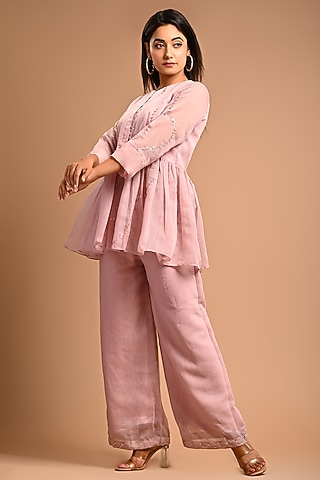 Rose Pink Embellished Pant Set by KANIKA MITTAL