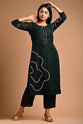 Bottle Green Embellished Kurta Set by KANIKA MITTAL
