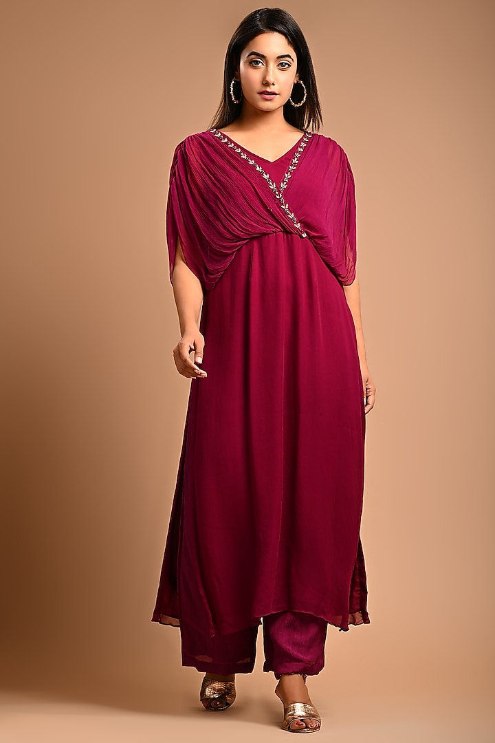 Wine Embroidered Kurta Set by KANIKA MITTAL