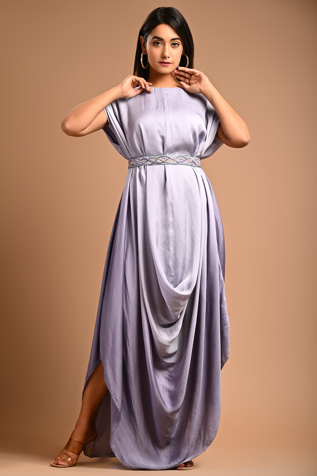 Women Wrap Lavender Satin Side Slit Dress