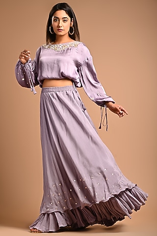Lavender Satin Layered Lehenga Set by KANIKA MITTAL