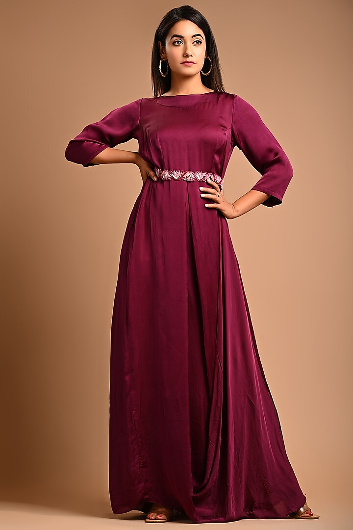 Wine Embroidered Dress by KANIKA MITTAL