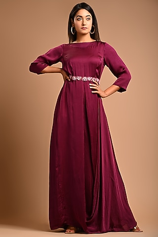 Wine Embroidered Dress by KANIKA MITTAL
