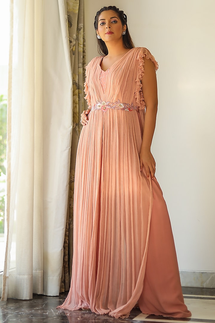 Pink & Peach Georgette Layered Jumpsuit by KANIKA MITTAL