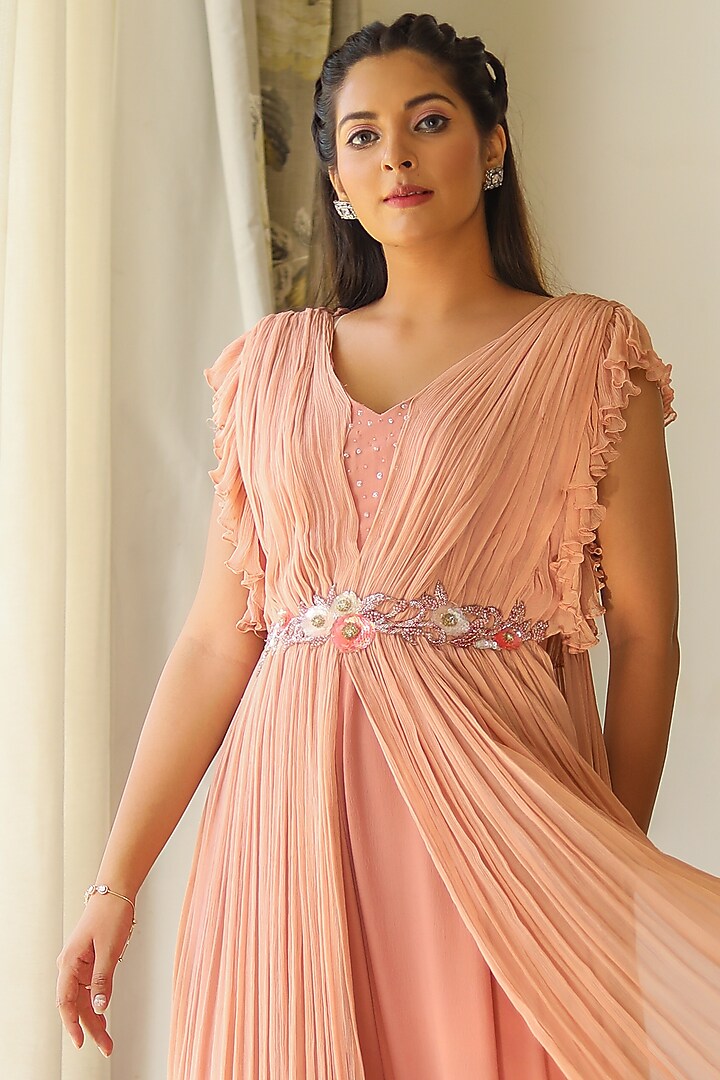 Pink & Peach Georgette Layered Jumpsuit by KANIKA MITTAL at Pernia's Pop Up Shop