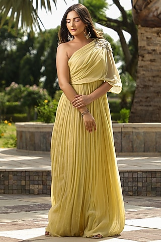 Lemon Yellow Embroidered Drape Gown by KANIKA MITTAL