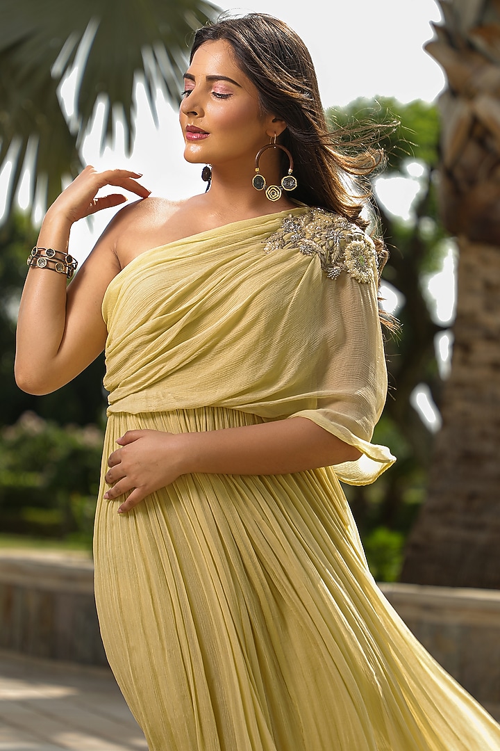 Lemon Yellow Embroidered Drape Party Wear Gown by KANIKA MITTAL at Pernia's Pop Up Shop