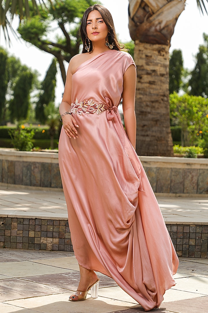 Rose Gold Satin Gown With Belt by KANIKA MITTAL