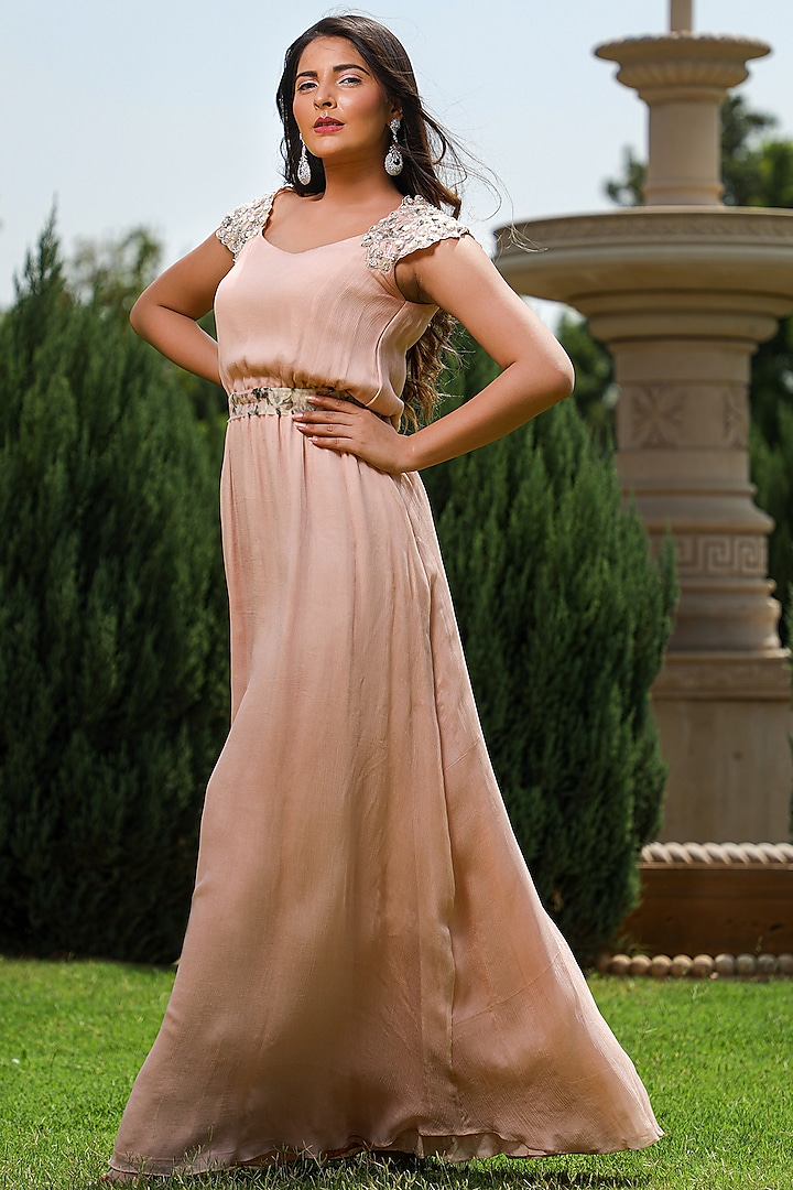Peach Embroidered Dress With Belt by KANIKA MITTAL