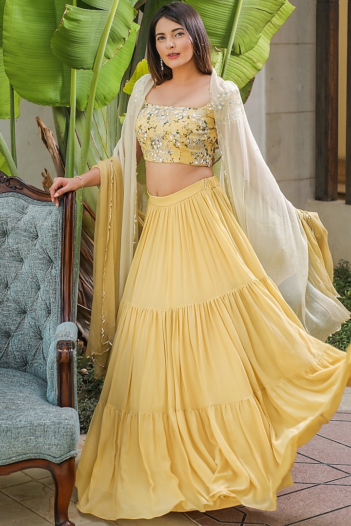 Yellow Georgette Tiered Wedding Lehenga Set by KANIKA MITTAL at Pernia's Pop Up Shop