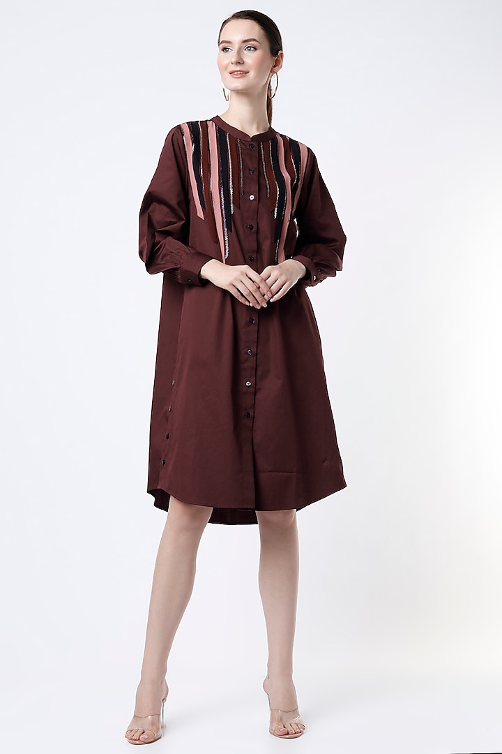 Oxblood Embellished Shirt Dress by Kanika Goyal