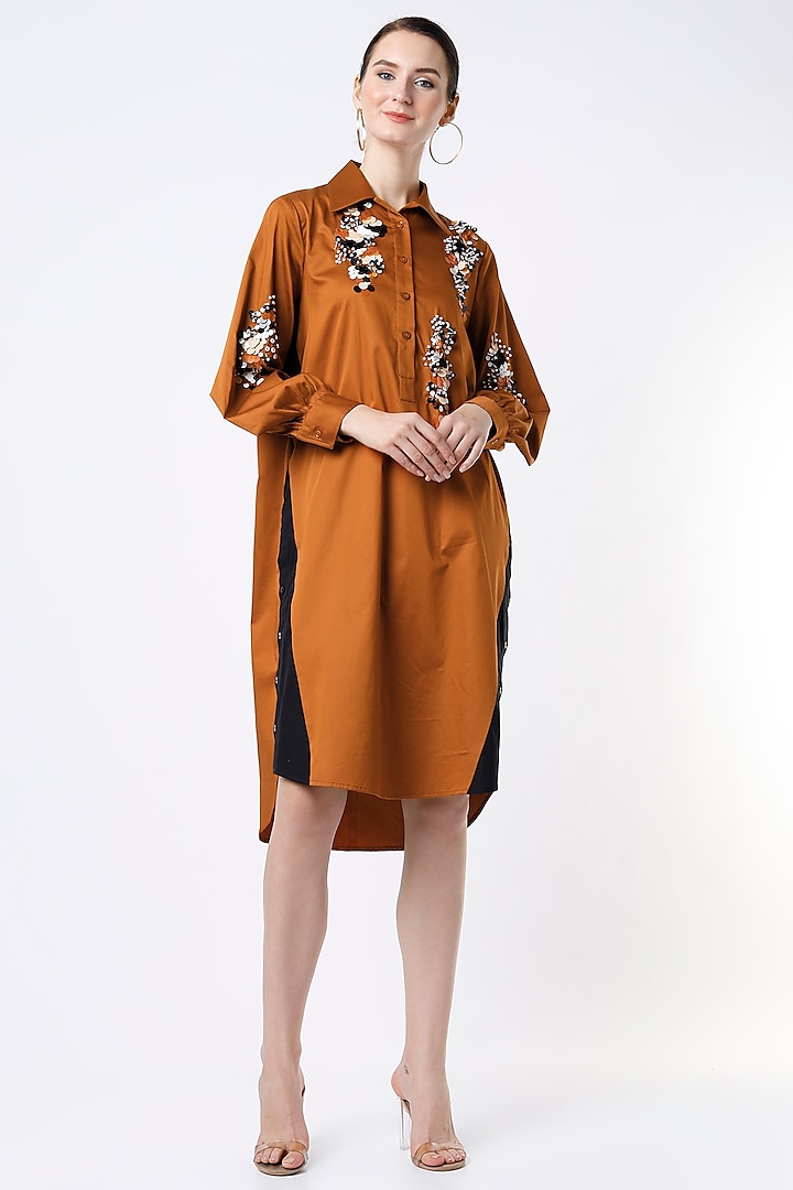 Rust Embroidered Shirt Dress by Kanika Goyal