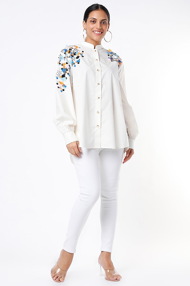 Off-White Cotton Embellished Shirt by Kanika Goyal
