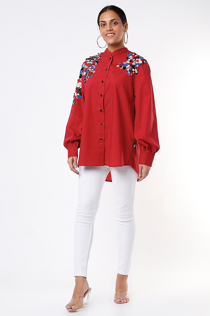 Red Cotton Embellished Shirt by Kanika Goyal at Pernia's Pop Up Shop