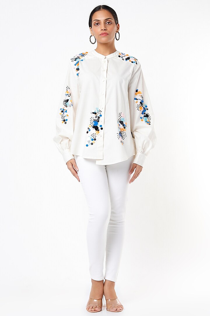 White Embellished Asymmetrical Shirt by Kanika Goyal