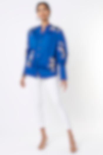 Blue Cotton Embellished Shirt by Kanika Goyal at Pernia's Pop Up Shop
