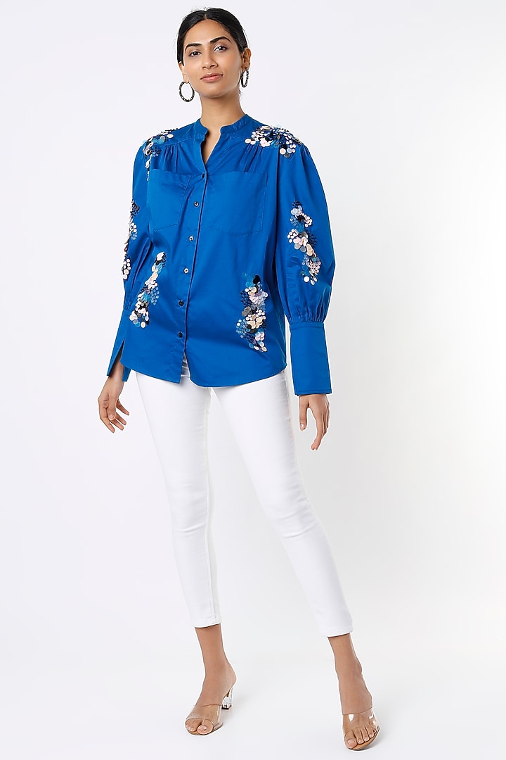 Blue Cotton Embellished Shirt by Kanika Goyal at Pernia's Pop Up Shop