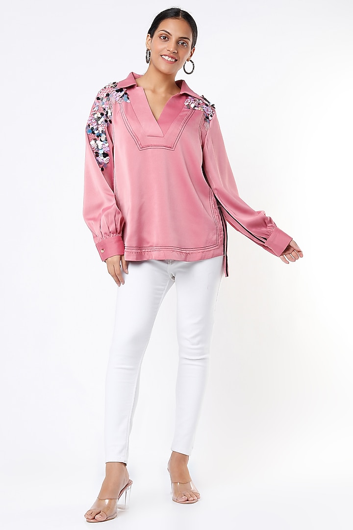 Blush Pink Polyester Embellished Shirt by Kanika Goyal