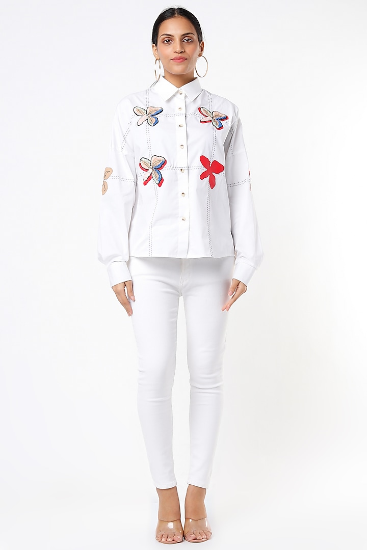 White Floral Embroidered Shirt by Kanika Goyal