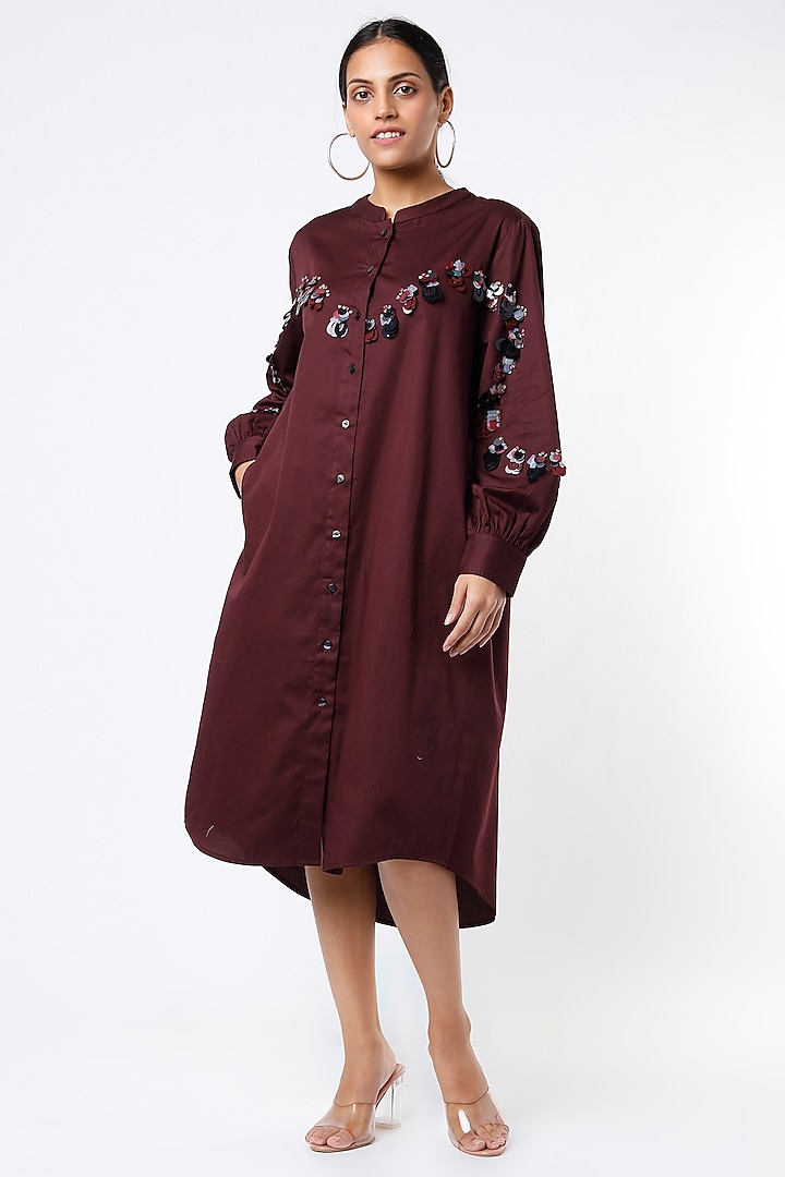 OxBlood Cotton Embellished Shirt Dress by Kanika Goyal