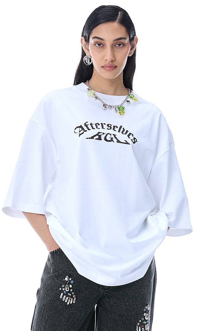 White Cotton Printed T-Shirt by Kanika Goyal at Pernia's Pop Up Shop