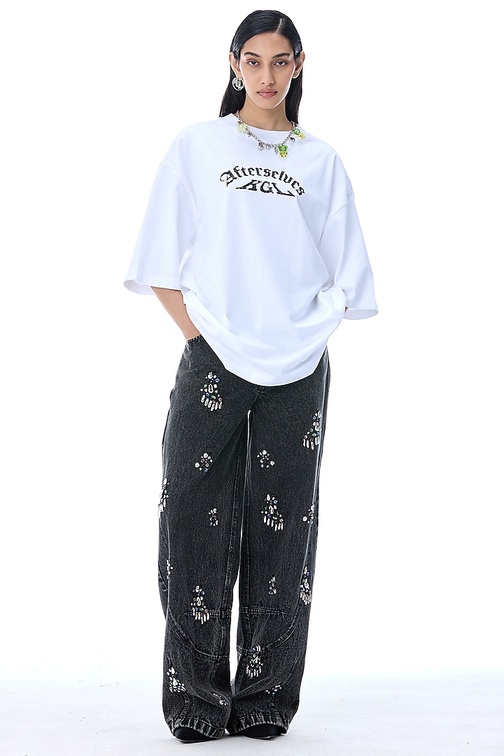 Black Denim Cotton Hand Embellished Pants by Kanika Goyal at Pernia's Pop Up Shop