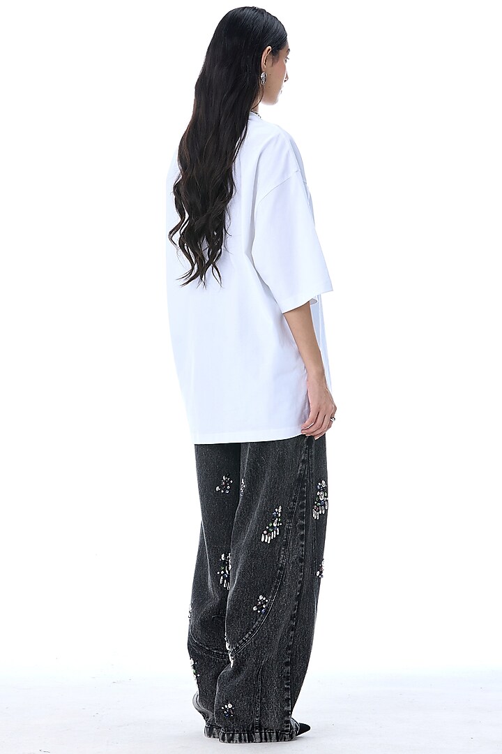 Black Denim Cotton Hand Embellished Pants by Kanika Goyal at Pernia's Pop Up Shop
