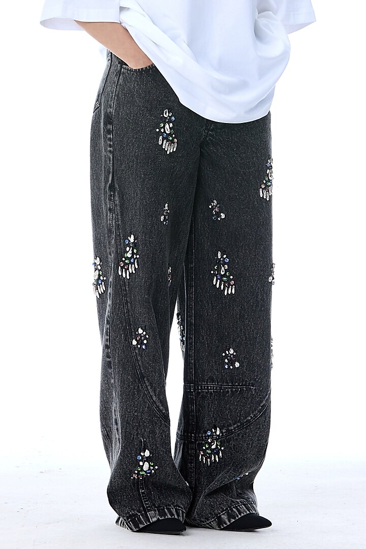 Black Denim Cotton Hand Embellished Pants by Kanika Goyal at Pernia's Pop Up Shop