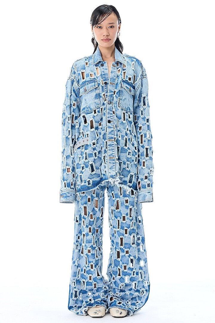Light Blue Cotton Deconstructed Denim Jacket by Kanika Goyal at Pernia's Pop Up Shop