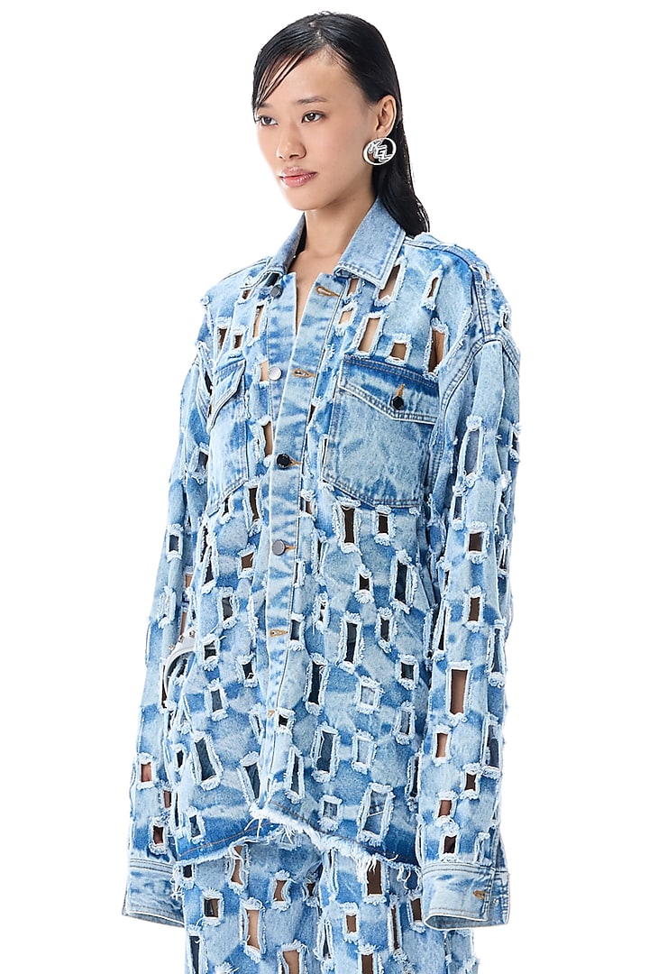 Light Blue Cotton Deconstructed Denim Jacket by Kanika Goyal at Pernia's Pop Up Shop