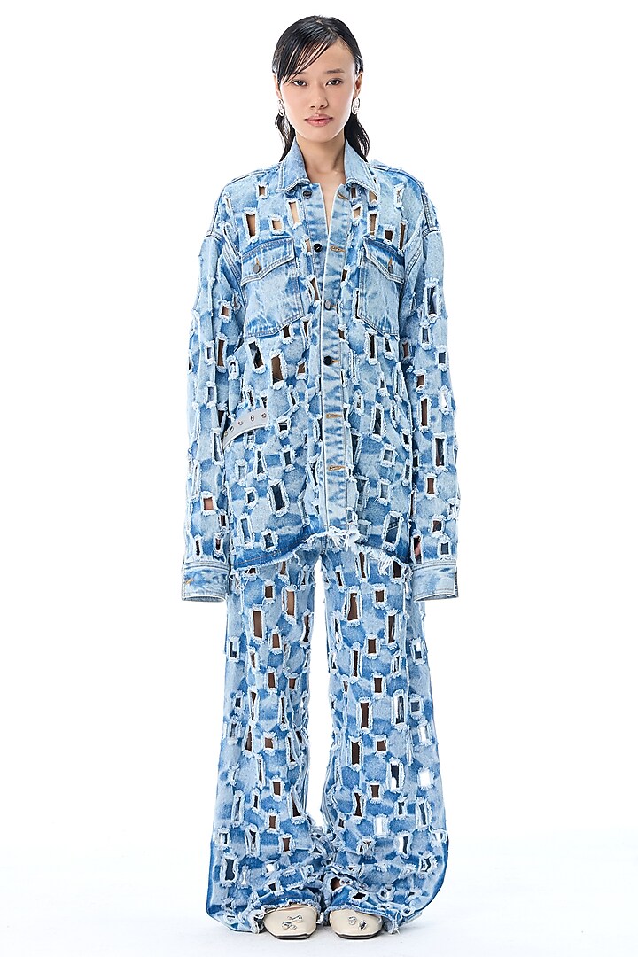 Light Blue Cotton Deconstructed Denim Pants by Kanika Goyal at Pernia's Pop Up Shop