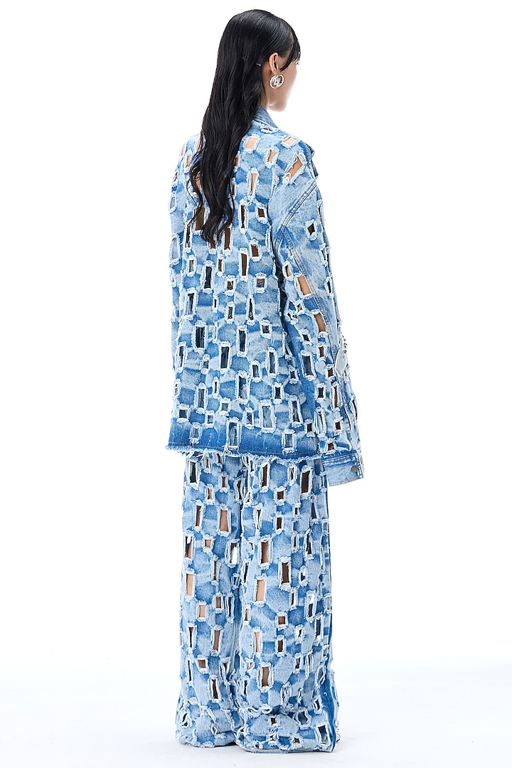 Light Blue Cotton Deconstructed Denim Pants by Kanika Goyal at Pernia's Pop Up Shop