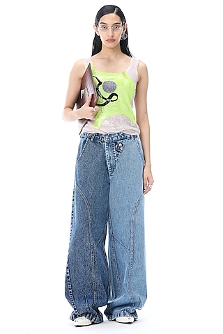 Neon Colored Polyester Sequins Embellished Tank Top by Kanika Goyal