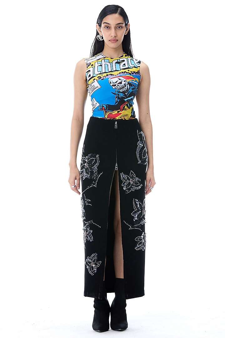Black Polyester Embellished Skirt by Kanika Goyal at Pernia's Pop Up Shop