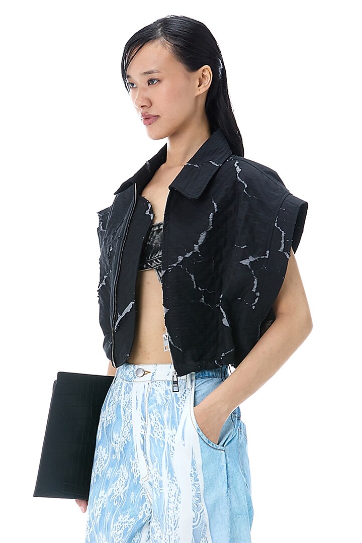 Black Cotton Crop Gilet by Kanika Goyal at Pernia's Pop Up Shop