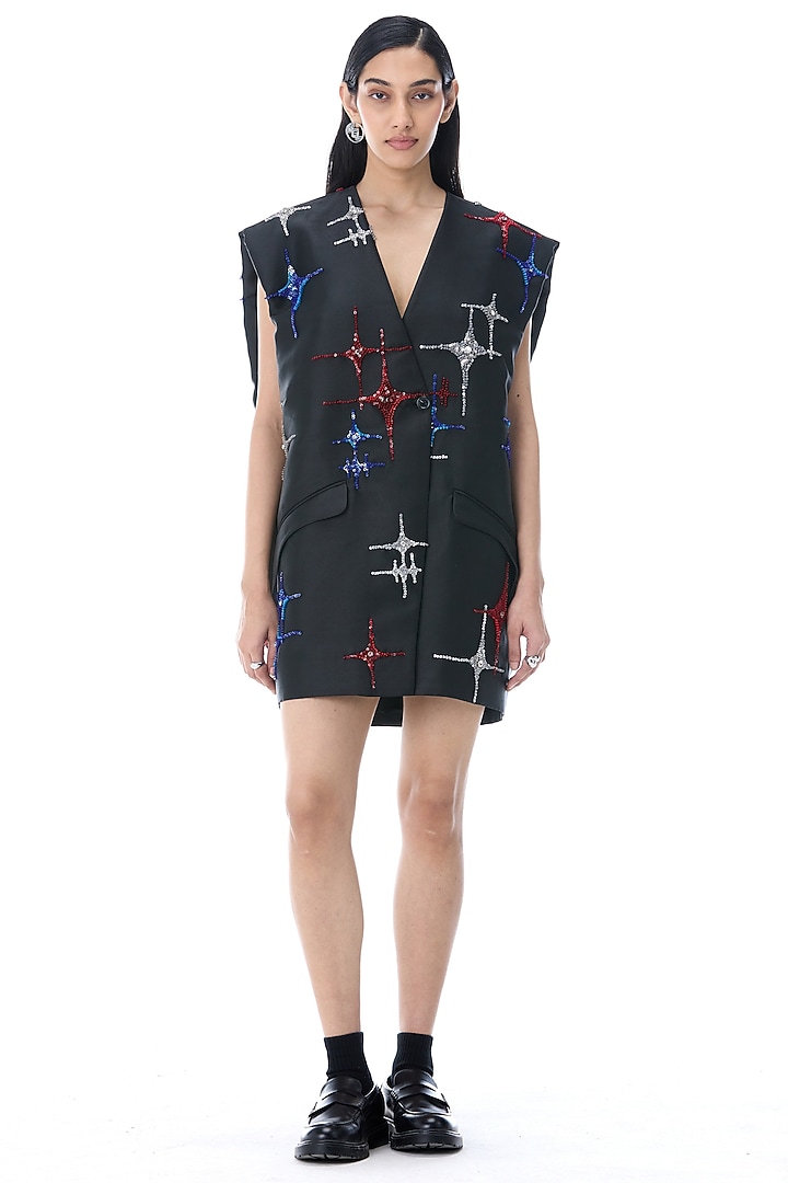 Black Cotton Embellished Mini Blazer Cocktail Dress by Kanika Goyal at Pernia's Pop Up Shop