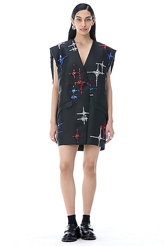Black Cotton Embellished Mini Blazer Dress by Kanika Goyal