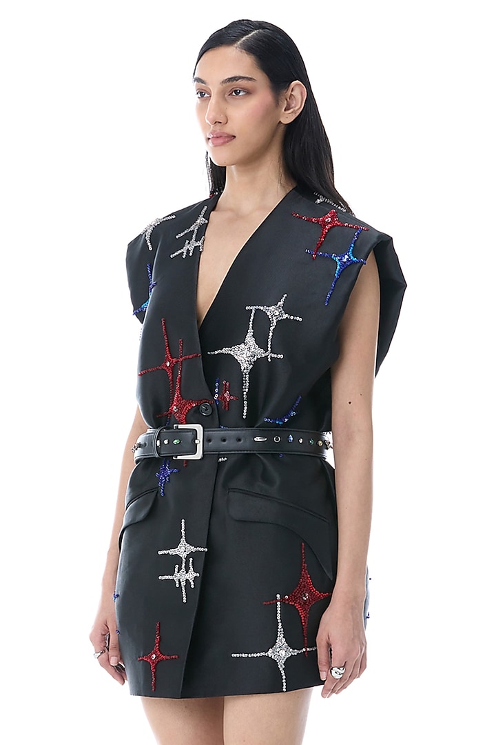 Black Cotton Embellished Mini Blazer Cocktail Dress by Kanika Goyal at Pernia's Pop Up Shop