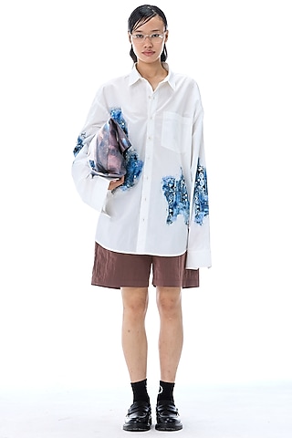 White Cotton Embellished & Printed Shirt by Kanika Goyal
