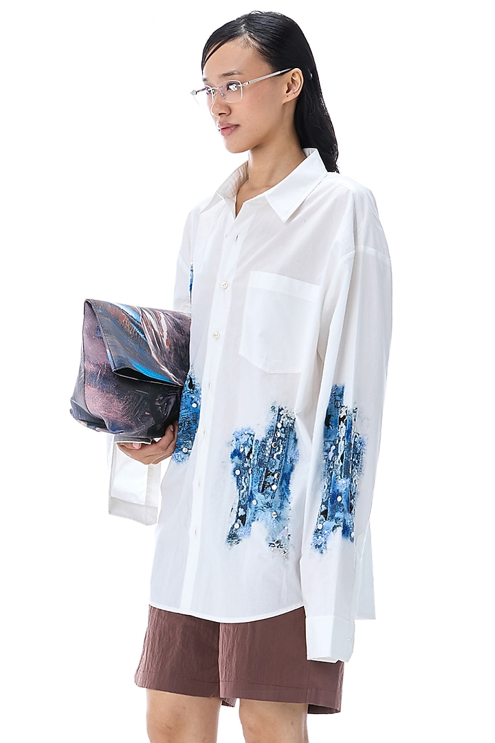 White Cotton Embellished & Printed Shirt by Kanika Goyal at Pernia's Pop Up Shop