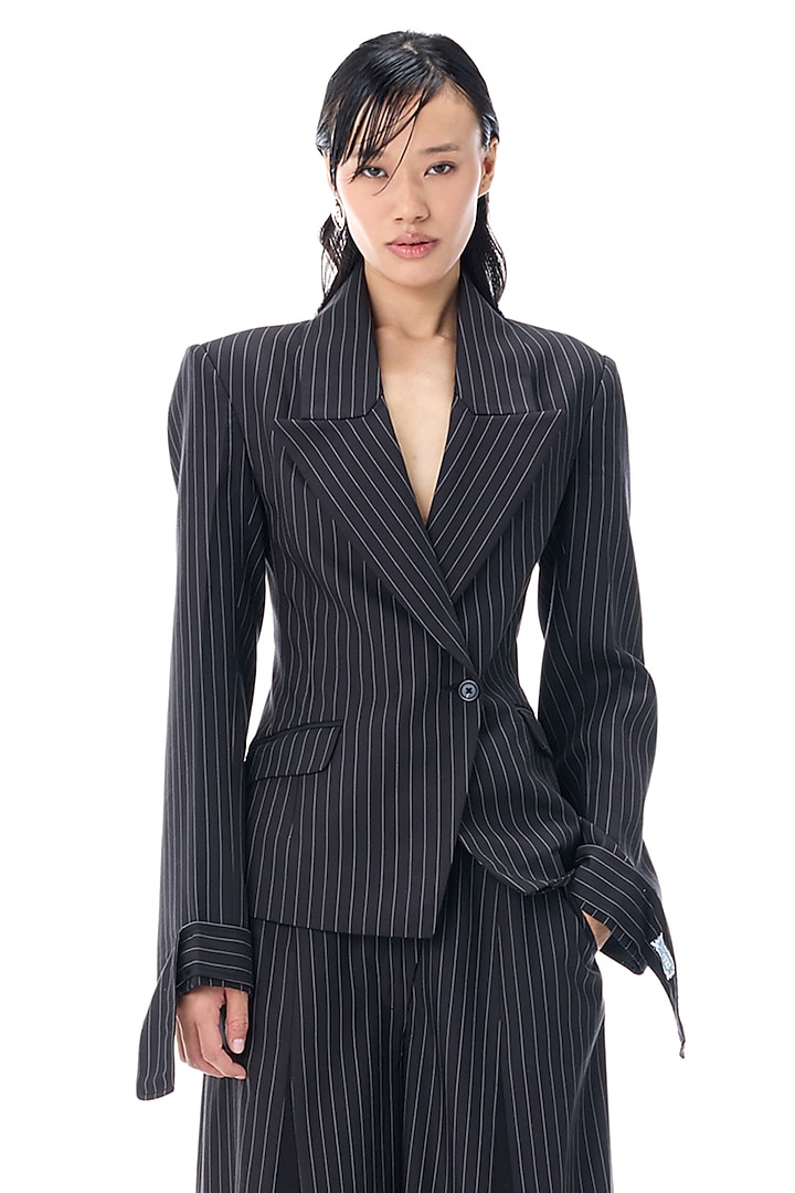 Black Polyester Blazer by Kanika Goyal at Pernia's Pop Up Shop