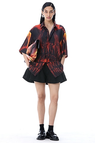 Black Polyester Wide-Legged Shorts by Kanika Goyal